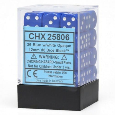 36 Blue w/white Opaque 12mm D6 Dice Block - CHX25806