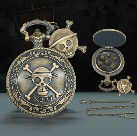 One Piece D20 DND Pocket Watch with Mini Metal Dice Set