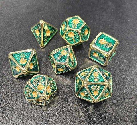 Metal Gold & Green RPG Dice Set