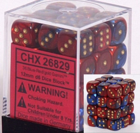 36 Blue-red w/gold Gemini 12mm D6 Dice Block - CHX 26829
