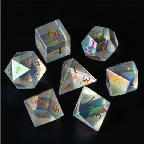 Rainbow Glass Crystal with Gold RPG Dice