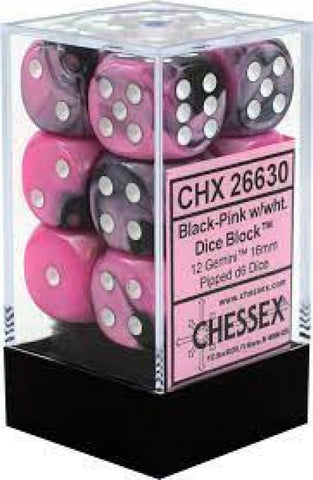 Gemini Black-Pink/white 16mm d6 dice Block - CHX26630