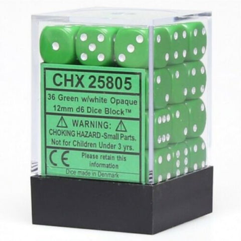 36 Green w/white Opaque 12mm D6 Dice Block - CHX25805