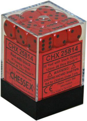 36 12mm Red w/Black Opaque D6 Dice Set - CHX25814