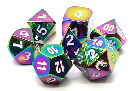 Old School 7 Piece DnD RPG Metal Dice Set: Halfling Forged - Brilliant Rainbow