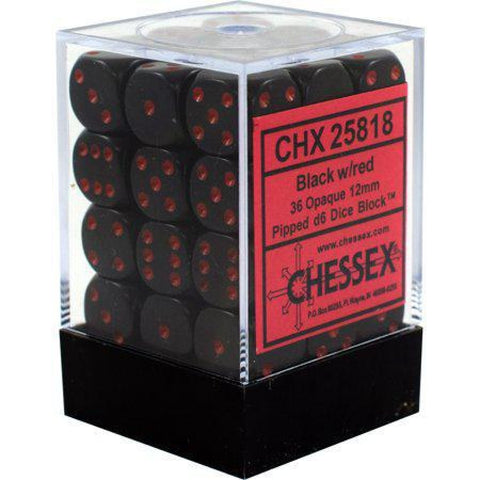 36 Black w/red Opaque 12mm D6 Dice Block - CHX25818