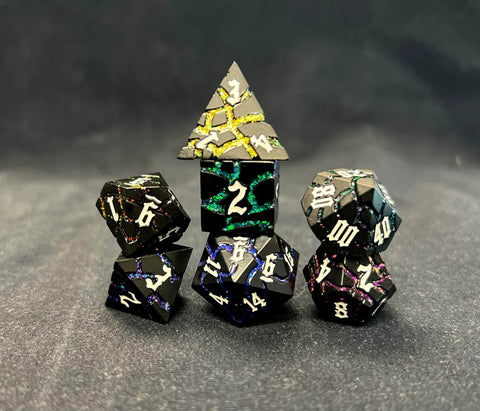 Black with Multicolor Veins Metal RPG Dice Set