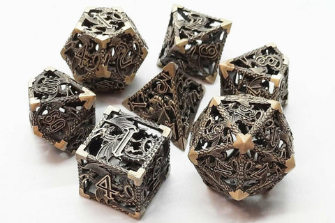 Old School 7 Piece DnD RPG Metal Dice Set: Hollow Dice - Ancient Gold