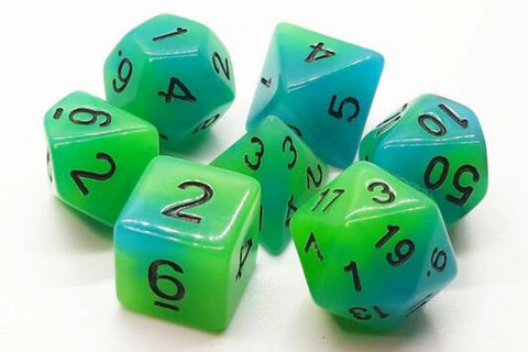 Old School 7 Piece DnD RPG Dice Set: Glow Dice - Green and Blue
