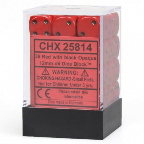 36 Red w/black Opaque 12mm D6 Dice Block - CHX25814